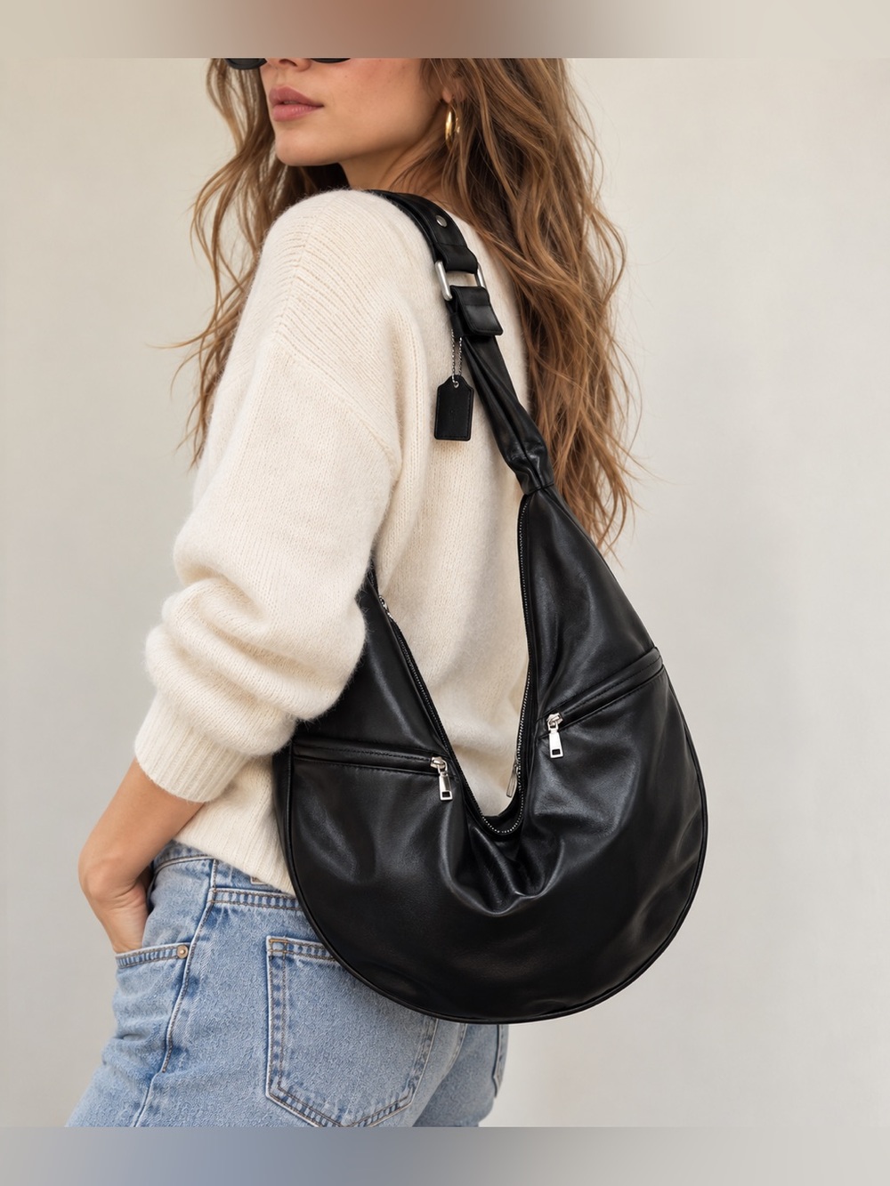 Sash Black Vegan Leather Hobo Shoulder Bag Y2K Slouchy Crescent Adjustable